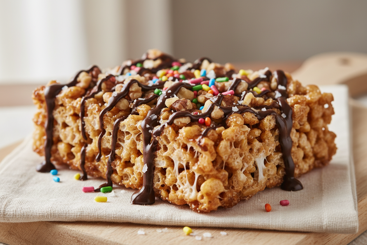 generate me an image of a rice krispy that is craveable and very delicous and has toppings and caramalized